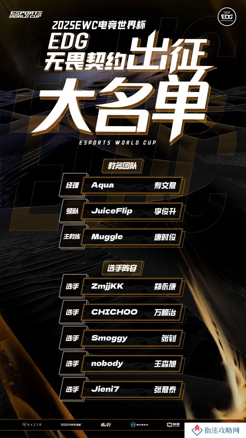 EDG发布EWC大名单：ZmjjKK/CHICHOO/Smoggy/nobody/Jieni7